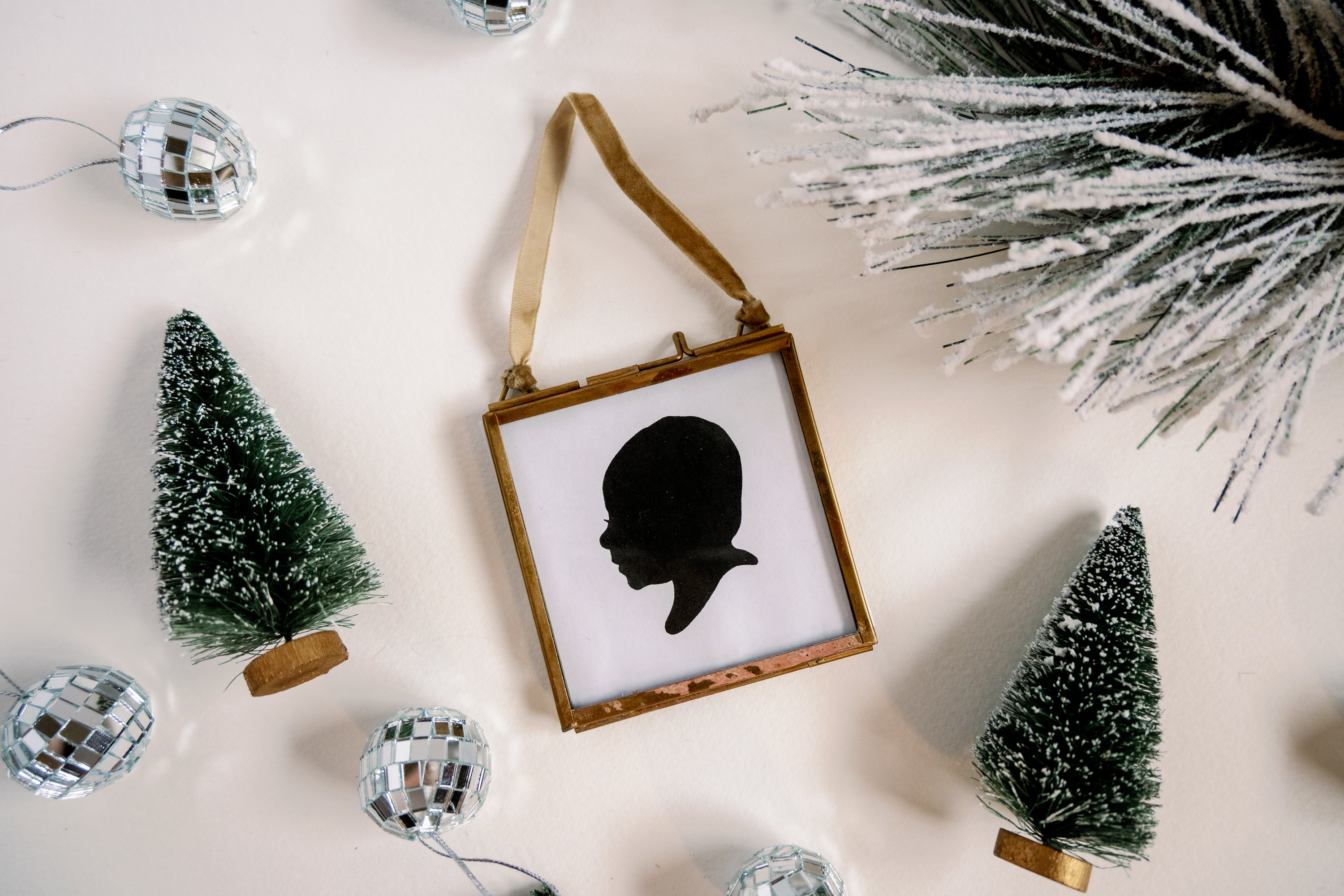 Custom Child Silhouette Ornament | 3"x3" Gold Framed Ornament with Ribbon