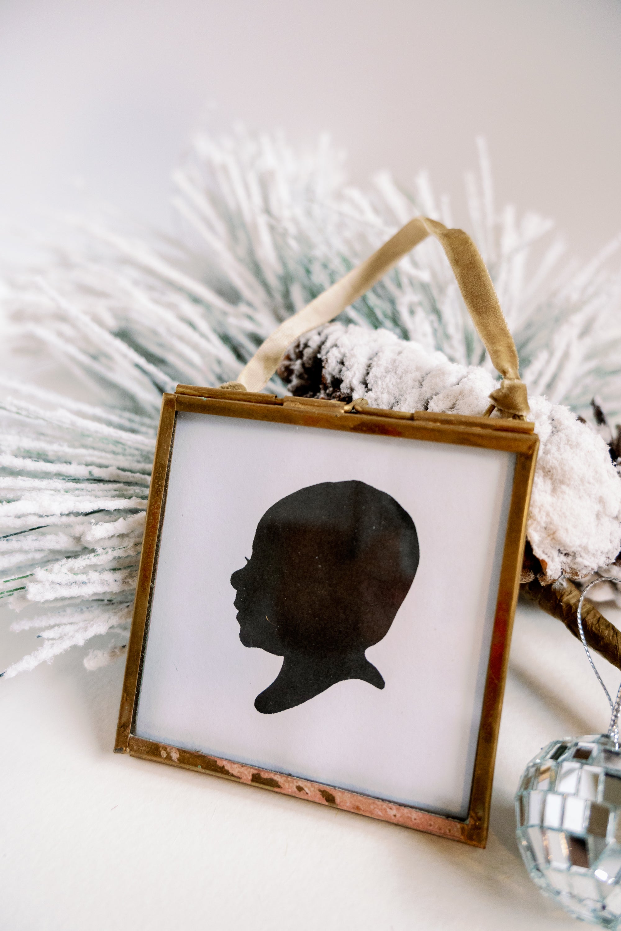 Custom Child Silhouette Ornament | 3"x3" Gold Framed Ornament with Ribbon