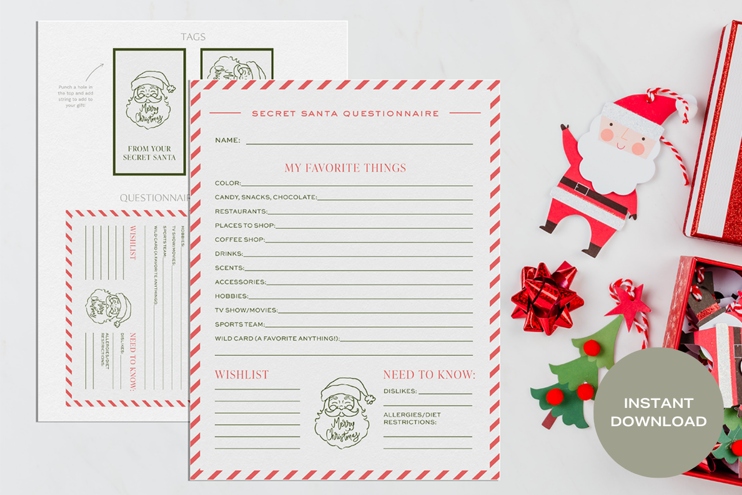 Secret Santa Questionnaire & Gift Tags Printable | Instant Download