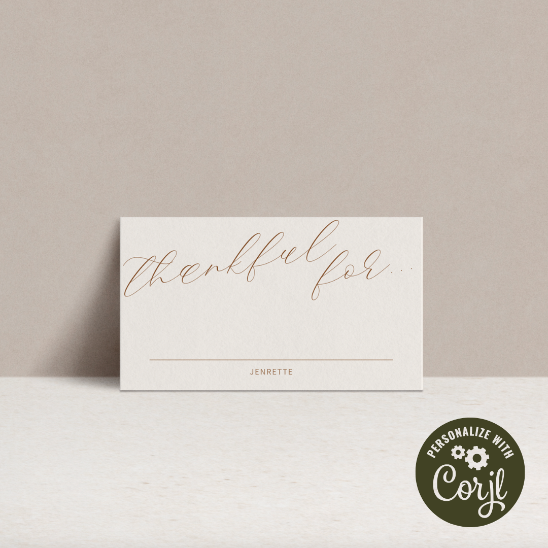 "Thankful For" Thanksgiving Place Cards – Editable Calligraphy Design for Personalized Table Decor | Instant Digital Download